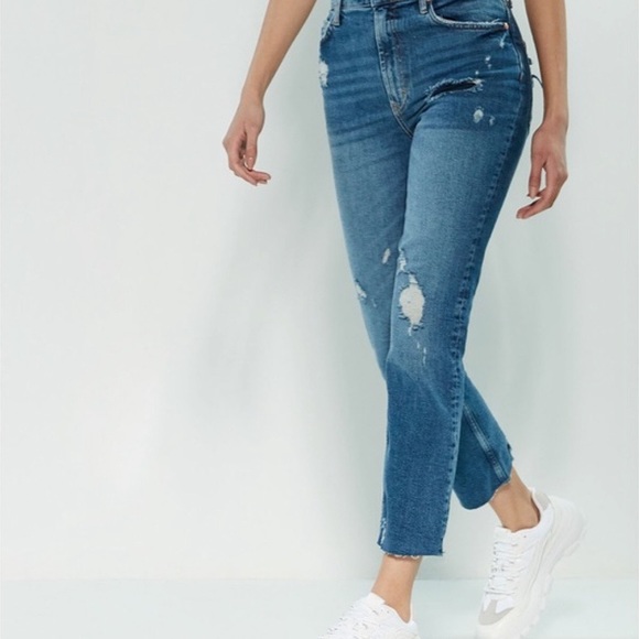 Free People High Waisted Slim Straight Leg Distressed Denim Jeans - Picture 2 of 12